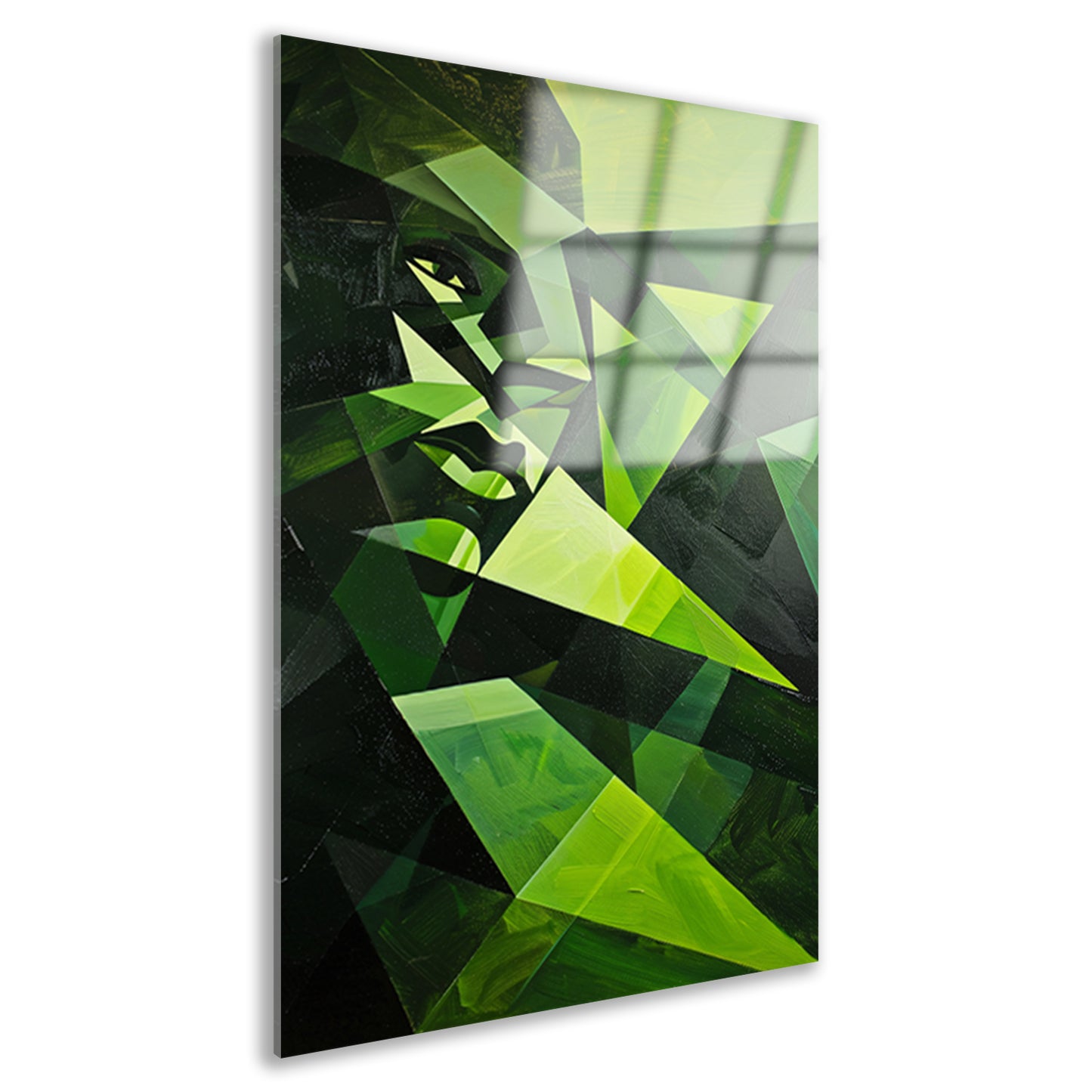 Modern kubistisch gezicht in groen tinten acrylglas