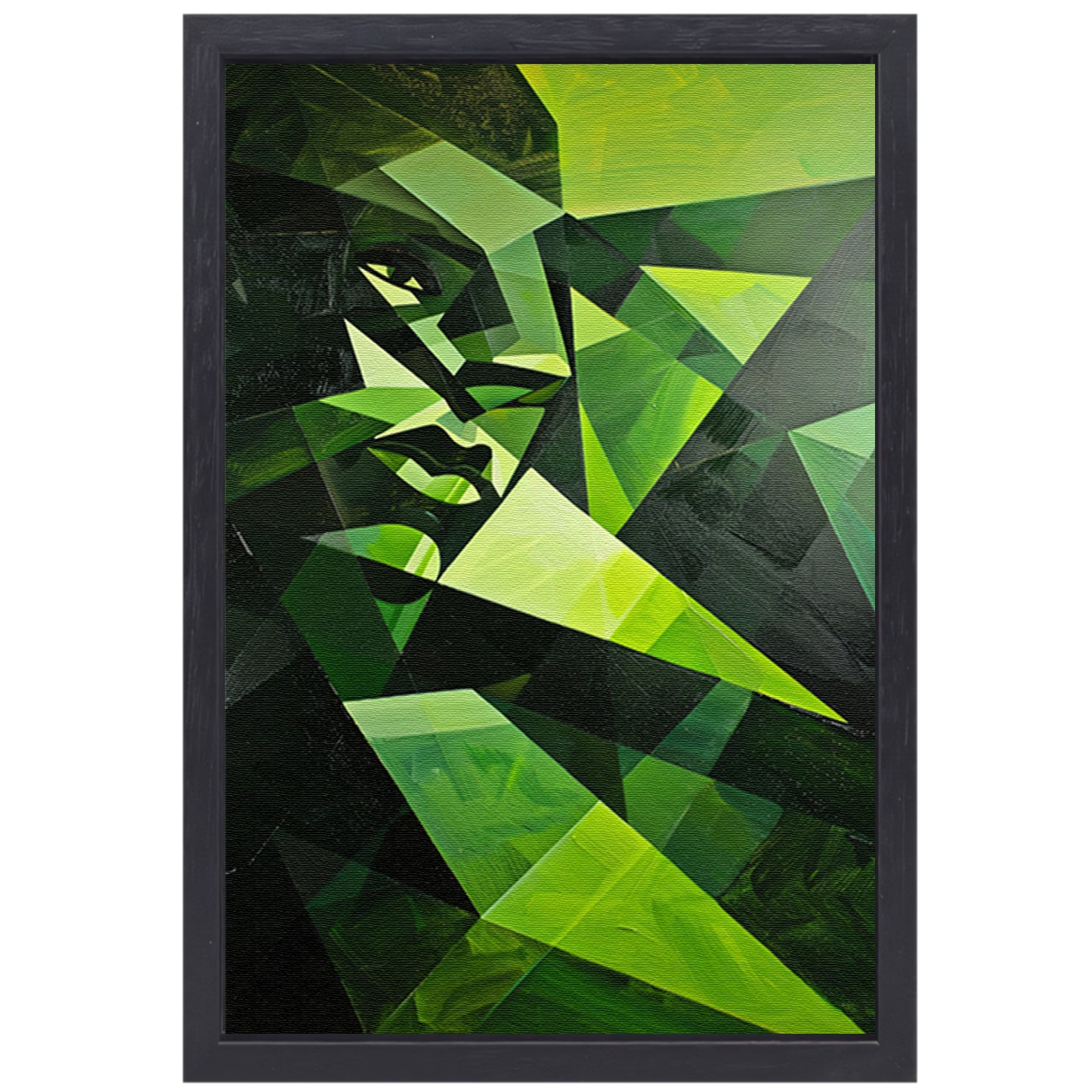 Modern kubistisch gezicht in groen tinten canvas met baklijst