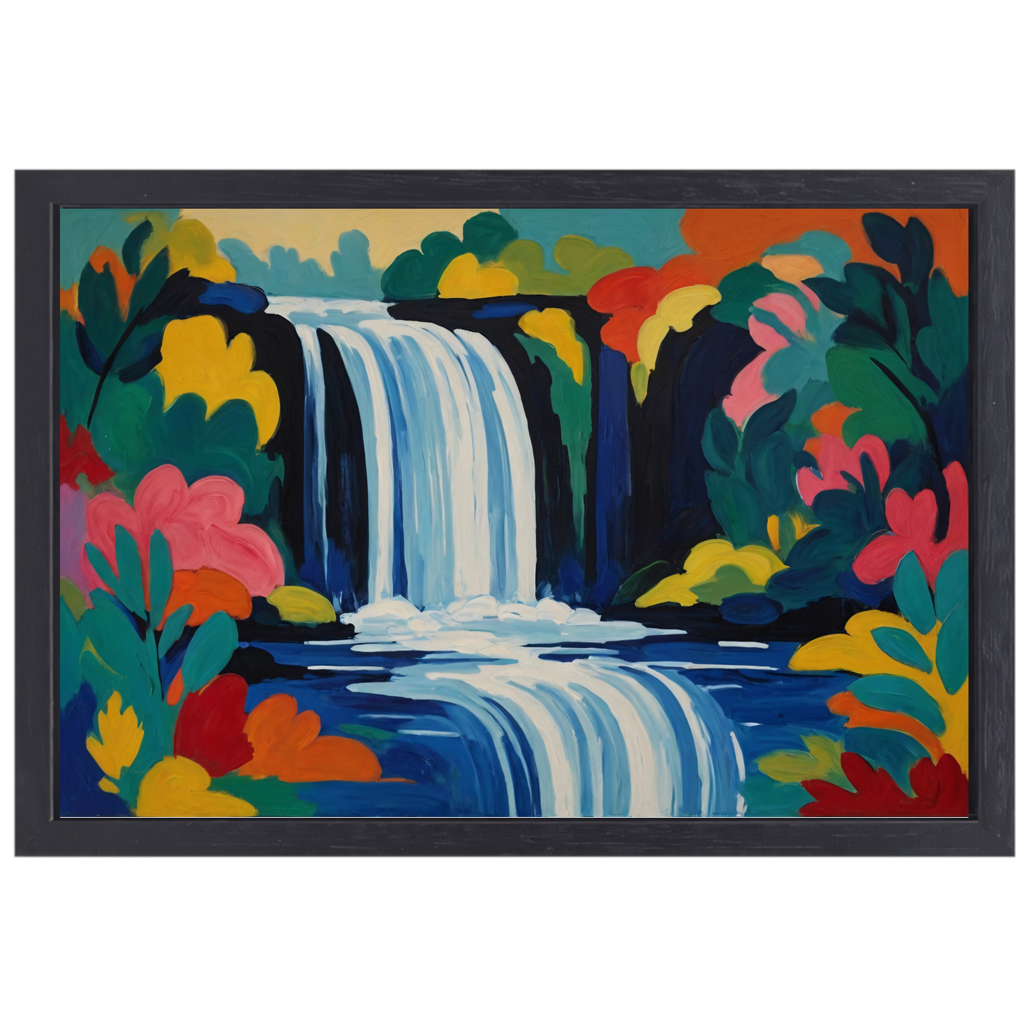 Levendige Expressionistische Waterval met Bloemen canvas met baklijst