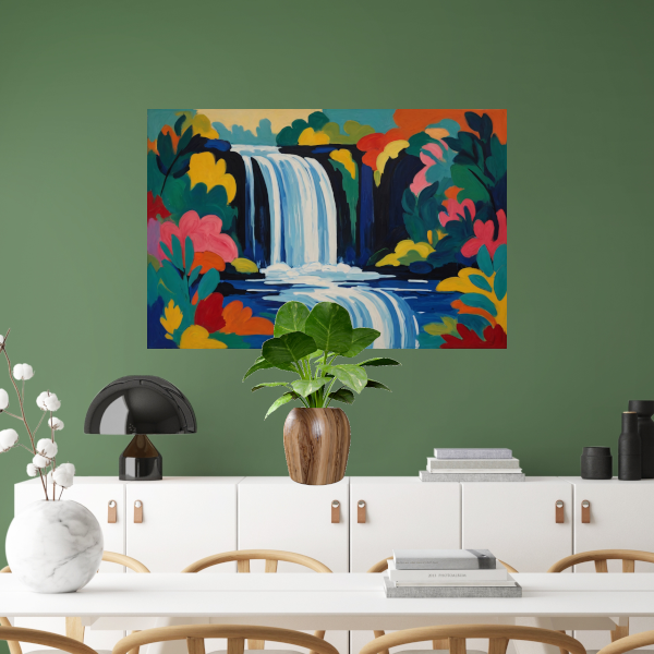Levendige Expressionistische Waterval met Bloemen poster
