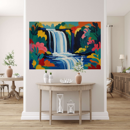 Levendige Expressionistische Waterval met Bloemen poster