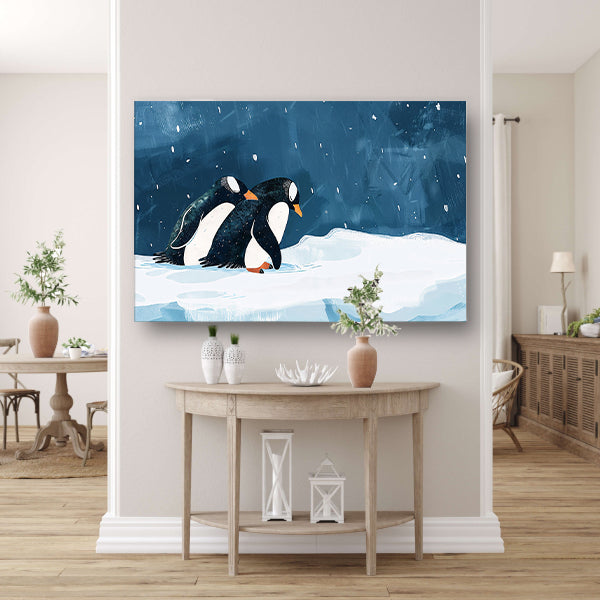 Twee pinguïns in een besneeuwd landschap   canvas