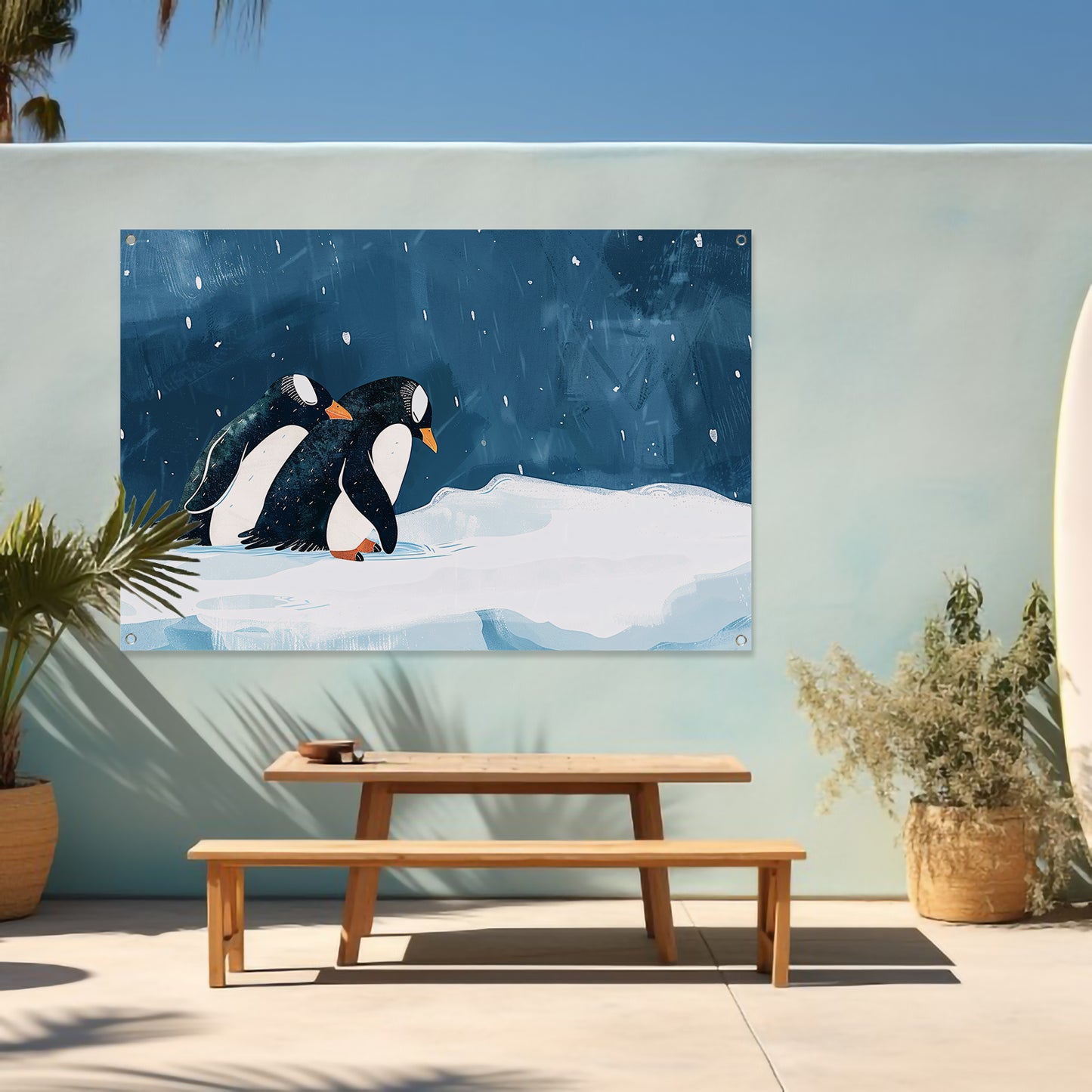 Twee pinguïns in een besneeuwd landschap   tuinposter