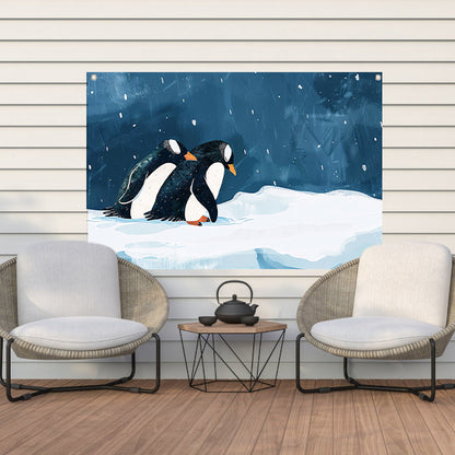 Twee pinguïns in een besneeuwd landschap   tuinposter