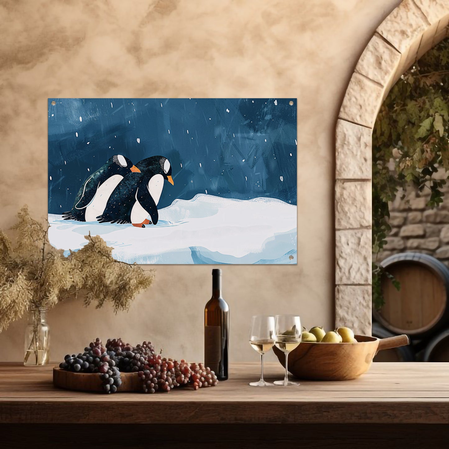 Twee pinguïns in een besneeuwd landschap   tuinposter