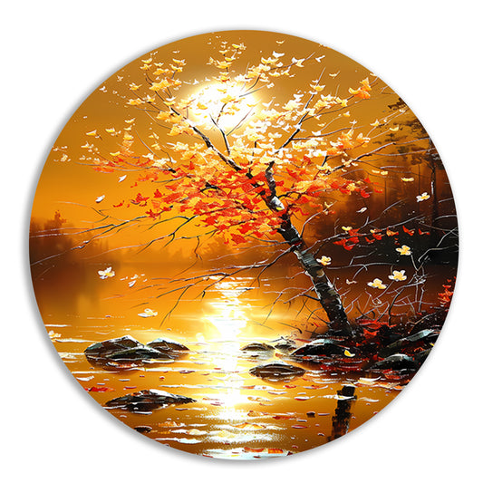 Stralende herfstboom bij zonsondergang met reflectie aluminium muurcirkel