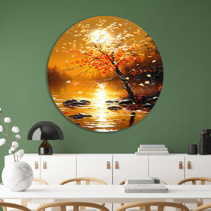 Stralende herfstboom bij zonsondergang met reflectie forex muurcirkel