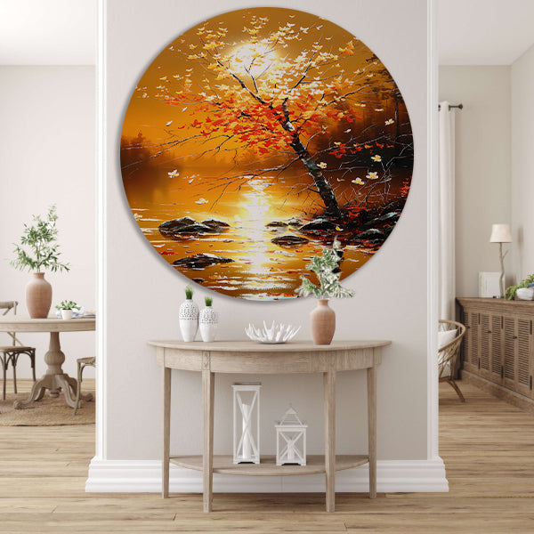 Stralende herfstboom bij zonsondergang met reflectie forex muurcirkel