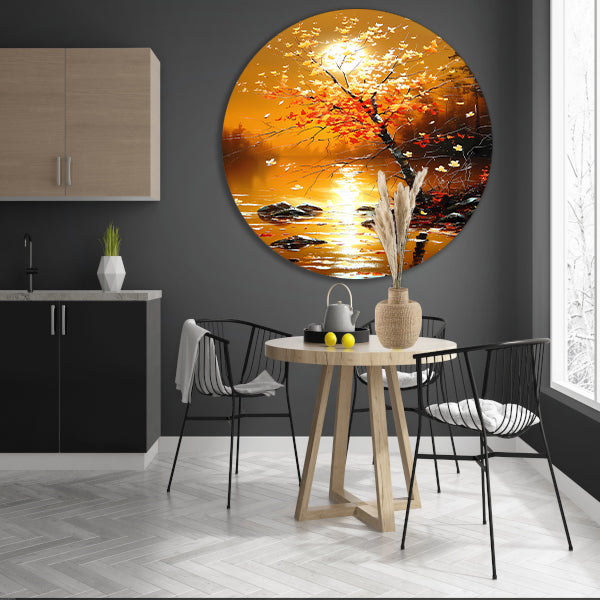 Stralende herfstboom bij zonsondergang met reflectie forex muurcirkel