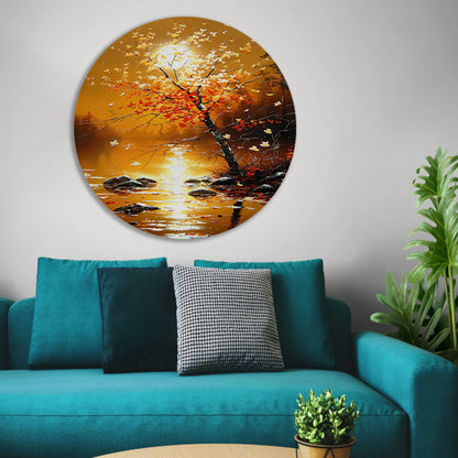 Stralende herfstboom bij zonsondergang met reflectie forex muurcirkel