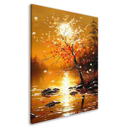 Stralende herfstboom bij zonsondergang met reflectie canvas