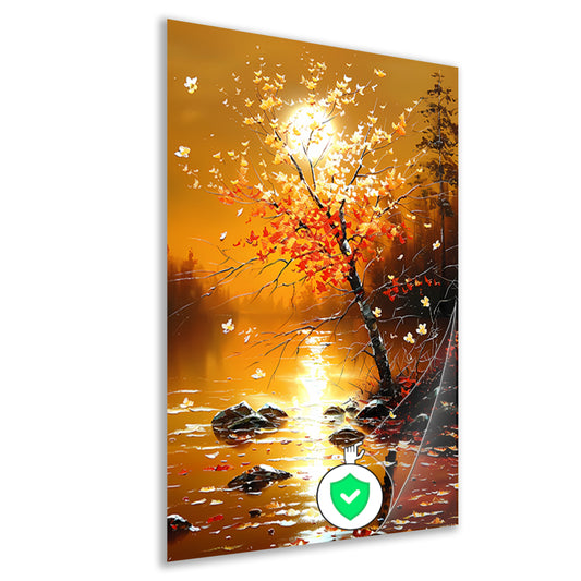 Stralende herfstboom bij zonsondergang met reflectie poster