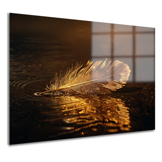 Gouden veer drijvend op mysterieus donker water acrylglas