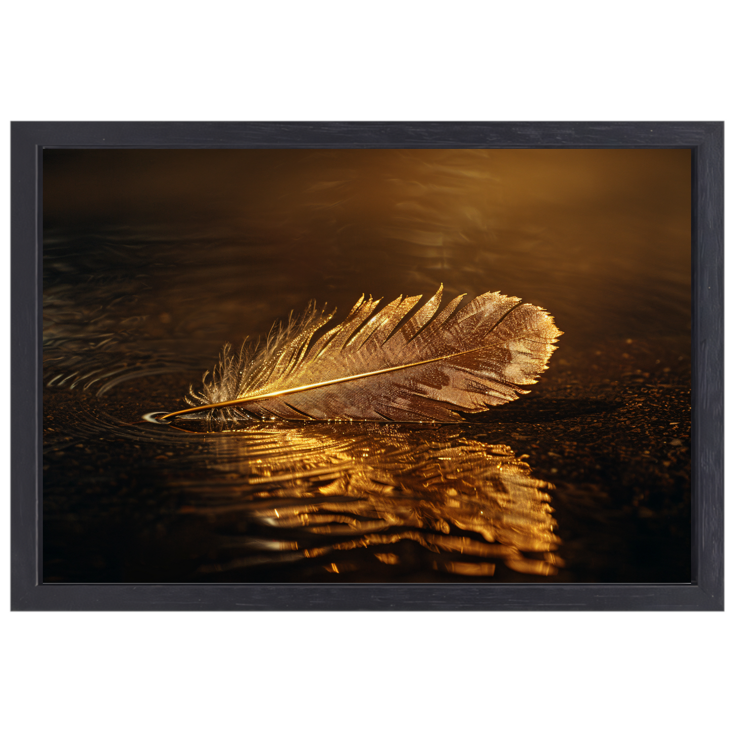 Gouden veer drijvend op mysterieus donker water canvas met baklijst