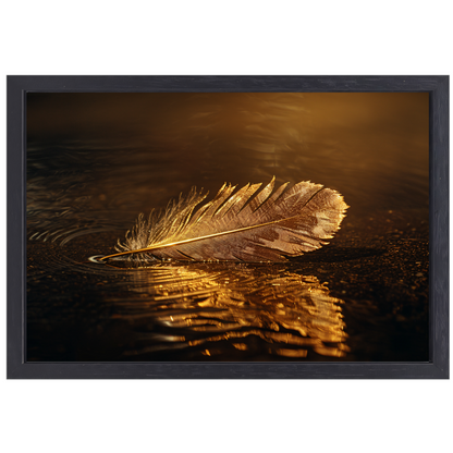 Gouden veer drijvend op mysterieus donker water canvas met baklijst
