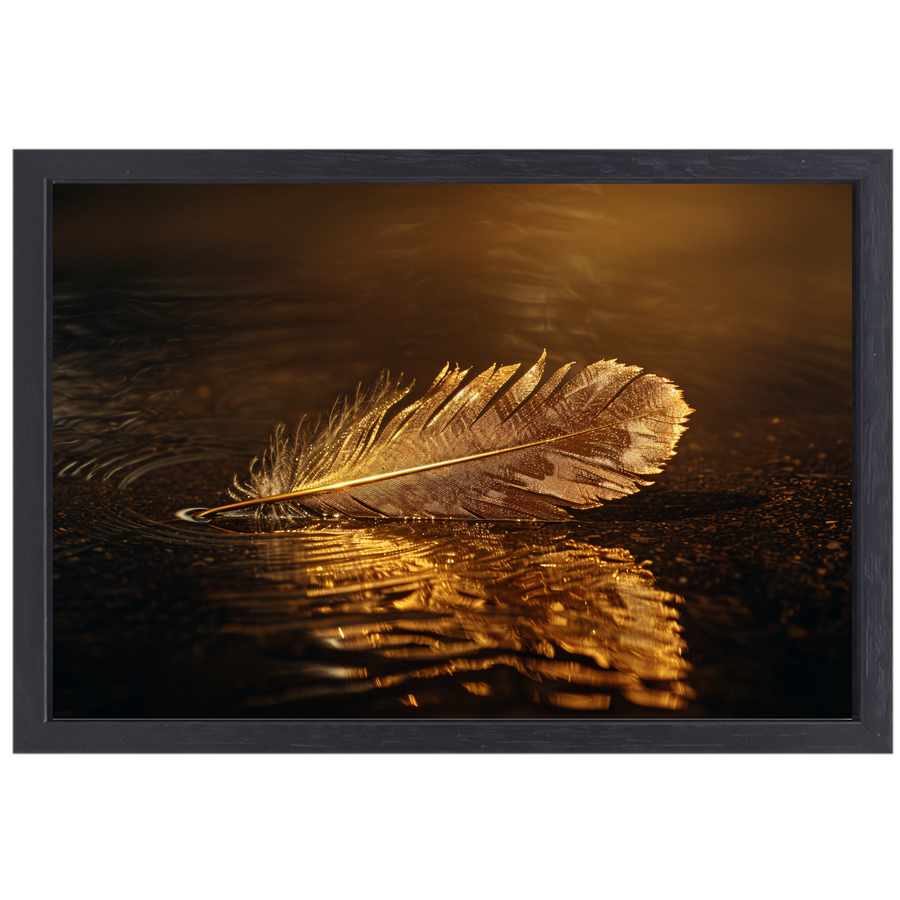 Gouden veer drijvend op mysterieus donker water canvas met baklijst