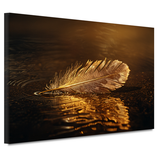 Gouden veer drijvend op mysterieus donker water canvas