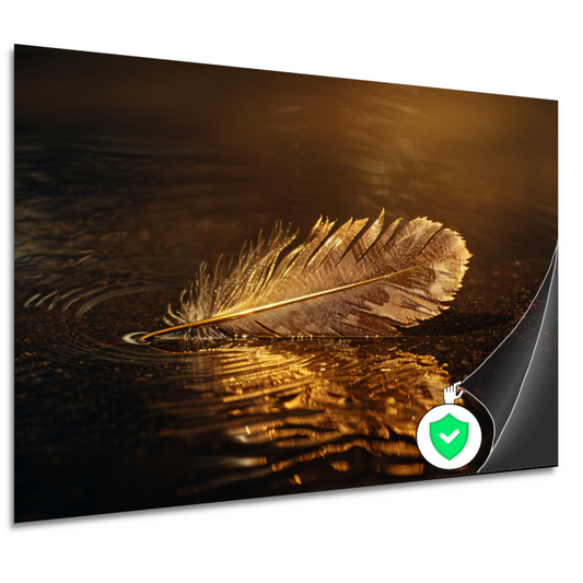 Gouden veer drijvend op mysterieus donker water poster