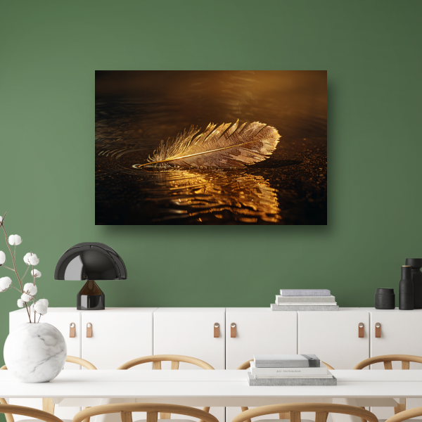 Gouden veer drijvend op mysterieus donker water canvas met baklijst
