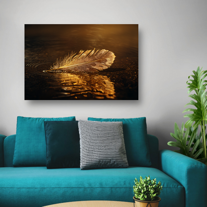 Gouden veer drijvend op mysterieus donker water canvas met baklijst