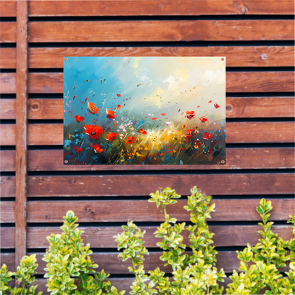 Abstract bloemenveld met felle kleuren en vogels tuinposter