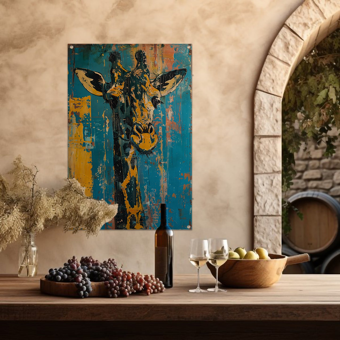 Abstracte schilderij van kleurrijke giraffe tuinposter