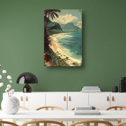 Tropisch strand met palmbomen en bergen poster