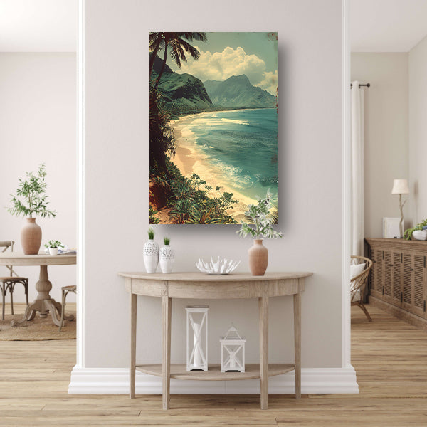 Tropisch strand met palmbomen en bergen poster