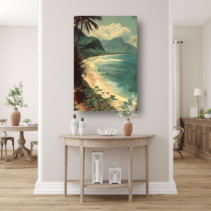 Tropisch strand met palmbomen en bergen poster