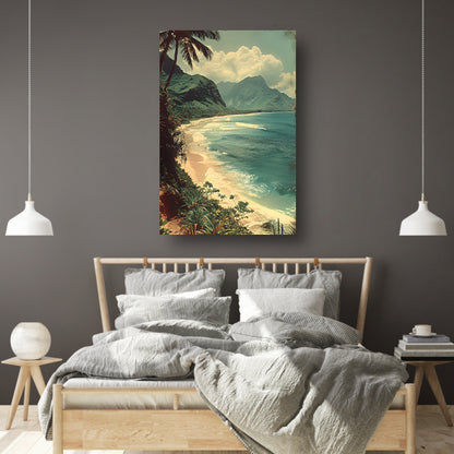Tropisch strand met palmbomen en bergen poster