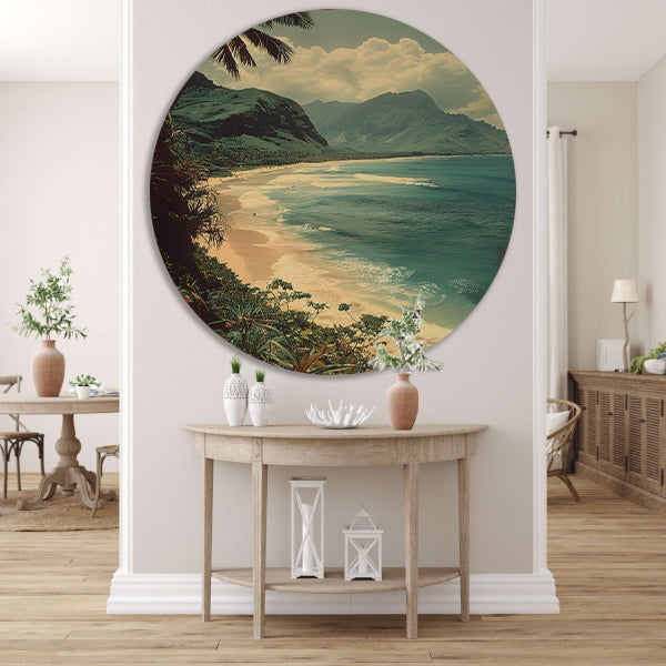 Tropisch strand met palmbomen en bergen forex muurcirkel