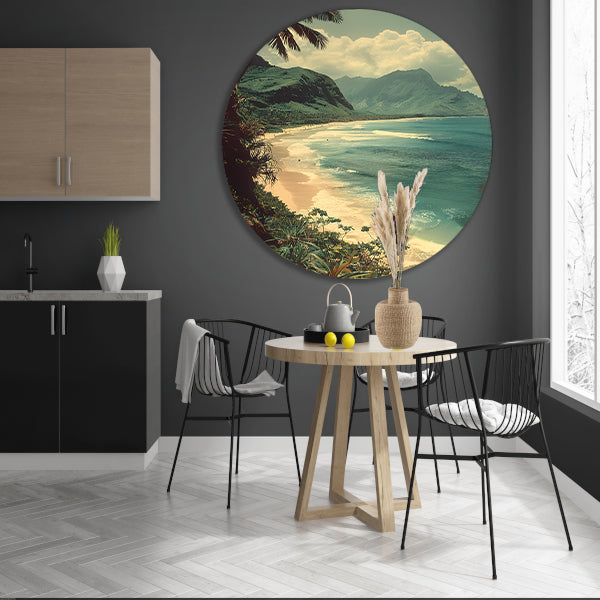 Tropisch strand met palmbomen en bergen forex muurcirkel