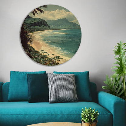 Tropisch strand met palmbomen en bergen forex muurcirkel