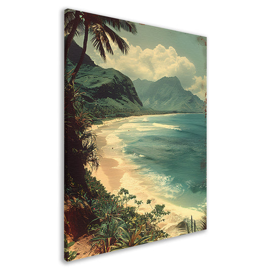 Tropisch strand met palmbomen en bergen canvas
