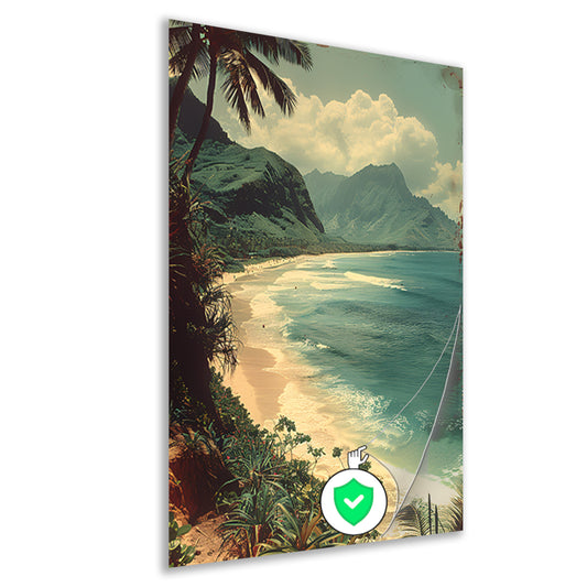 Tropisch strand met palmbomen en bergen poster