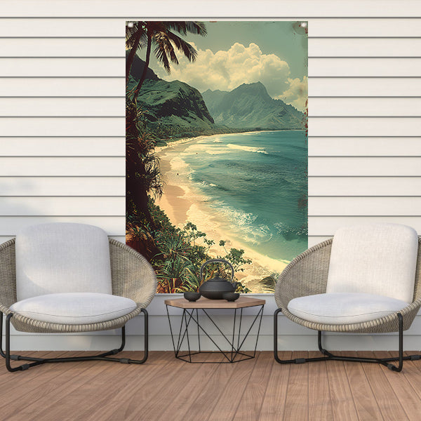 Tropisch strand met palmbomen en bergen tuinposter
