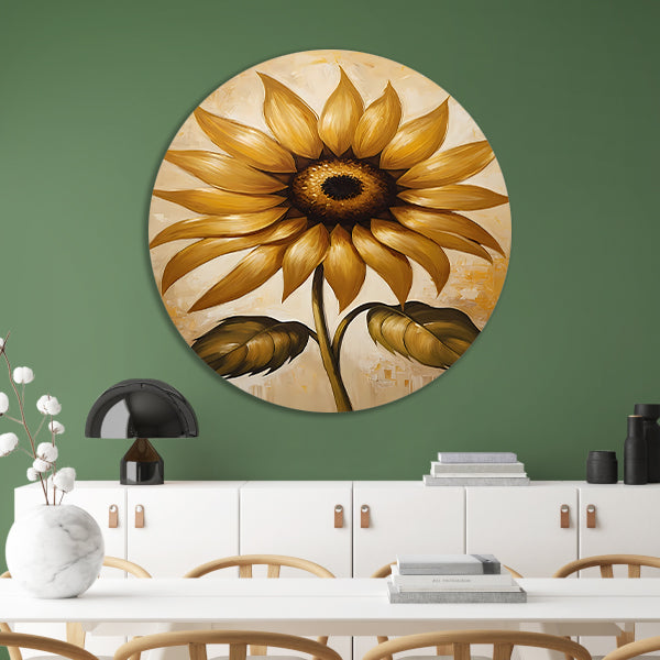 Elegante gouden zonnebloem tegen beige achtergrond aluminium muurcirkel