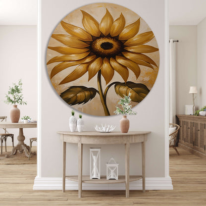 Elegante gouden zonnebloem tegen beige achtergrond aluminium muurcirkel