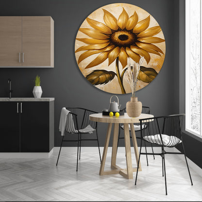 Elegante gouden zonnebloem tegen beige achtergrond aluminium muurcirkel