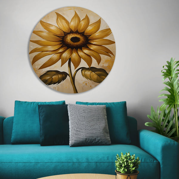 Elegante gouden zonnebloem tegen beige achtergrond aluminium muurcirkel