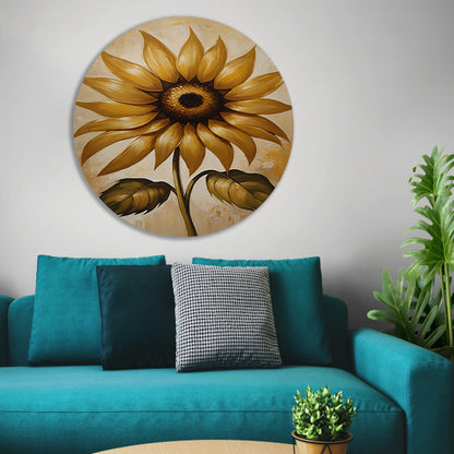 Elegante gouden zonnebloem tegen beige achtergrond aluminium muurcirkel