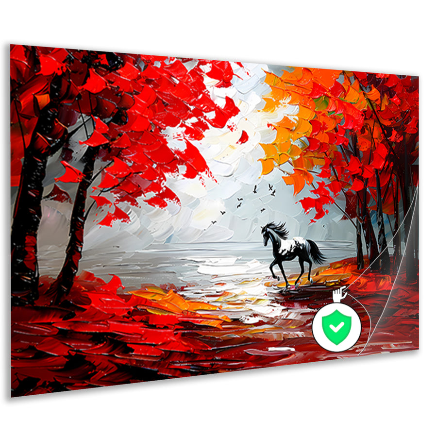 Galopperend paard in kleurrijk herfstbos poster