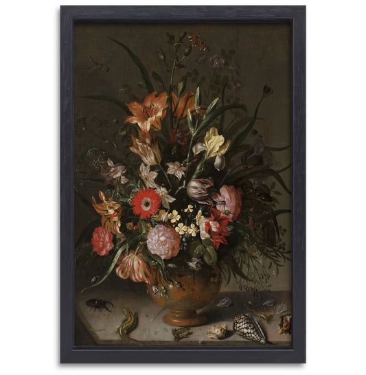 Boeket bloemen in een vaas, insecten en kleine wezens - Jacob Marrel canvas met baklijst