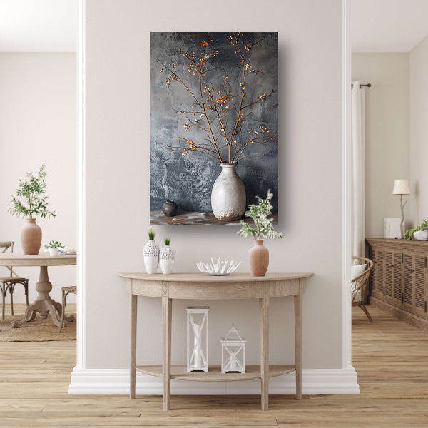 Herfsttakken in witte vaas tegen grijze achtergrond canvas