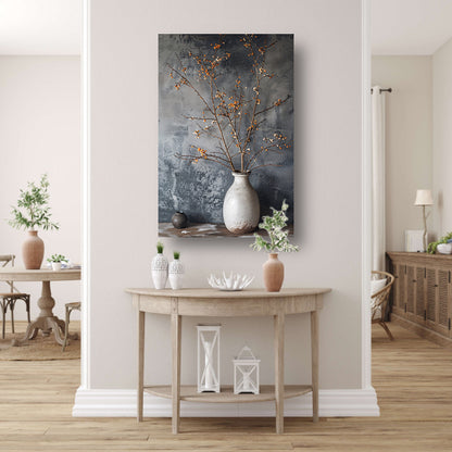 Herfsttakken in witte vaas tegen grijze achtergrond canvas