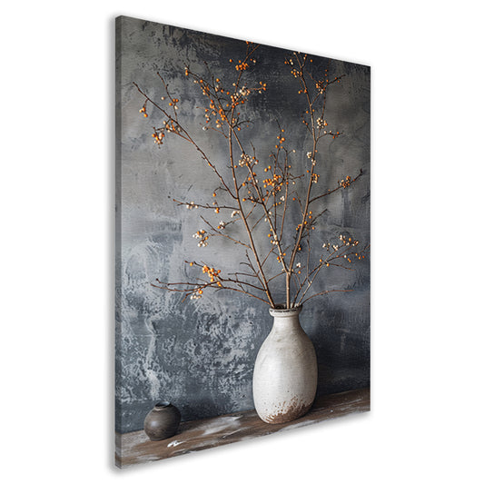Herfsttakken in witte vaas tegen grijze achtergrond canvas