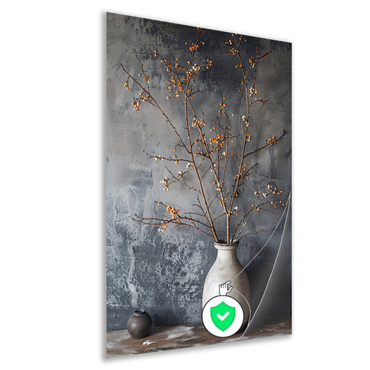 Herfsttakken in witte vaas tegen grijze achtergrond poster