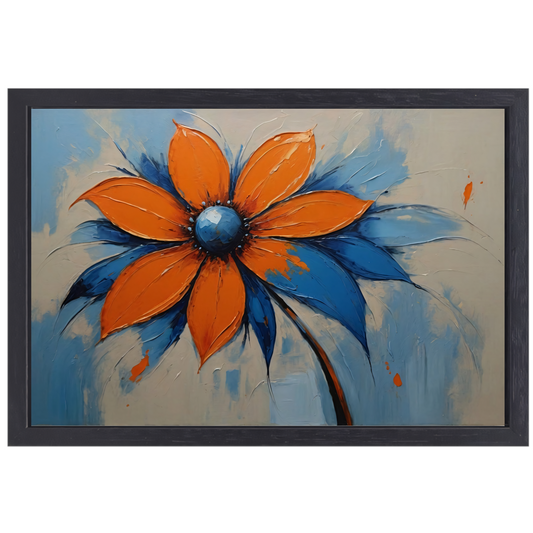 Oranje-Blauwe Bloei met Levendige Druppels canvas met baklijst