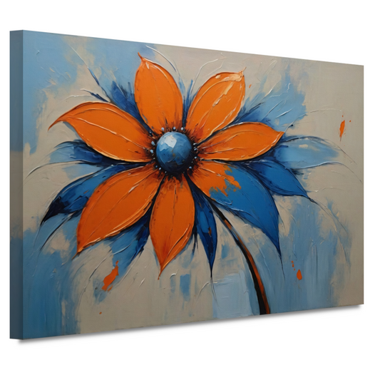 Oranje-Blauwe Bloei met Levendige Druppels canvas