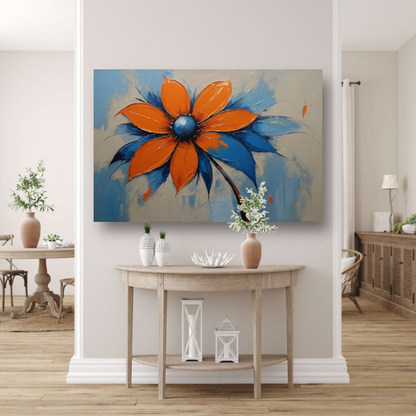 Oranje-Blauwe Bloei met Levendige Druppels canvas met baklijst